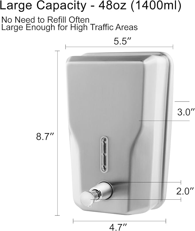 Wall Mount Stainless Steel Soap Dispenser for Bathroom, 48oz (1400ml) Commercial Wall Mounted Metal Liquid Refillable Hand Soap Dispenser