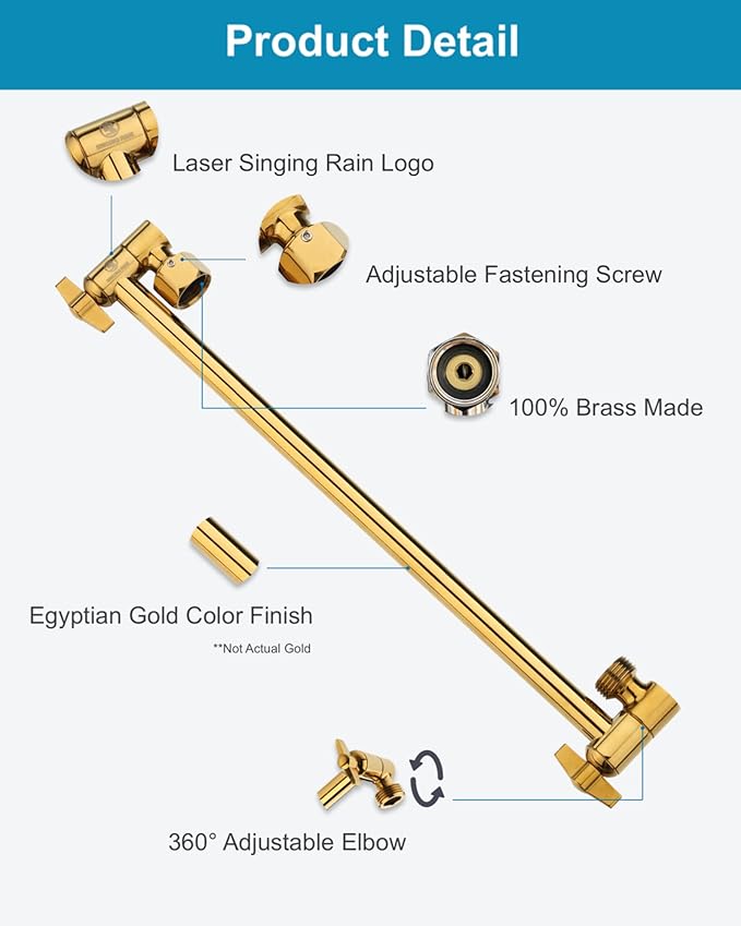 15 Inch Extra Long Adjustable Shower Head Extension Arm With Locking Set Screw, Singing Rain Brass Angle Height Adjustable, Easy To Install, G1/2 Universal Connector Compatible (Egyptian Gold)