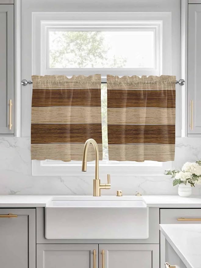 Retro Country Brown Wooden Board Window Valance Curtains, Farmhouse Gradient by IDOWMAT