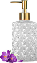 Crystal Glass Soap Dispenser, 330ml/11oz. Clear Glass Lotion Soap Dispenser with Gold Pump, Crystal Design Reusable Hand Soap Dispenser for Kitchen Dish Soap, Shower Gel, Shampoo(Gold Plating Pump)