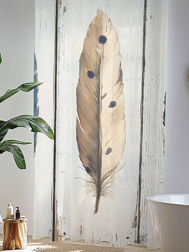 Sheer Curtains 84 Inches Long, Farmhouse Feather Semi Sheer Curtains Light - Image 4