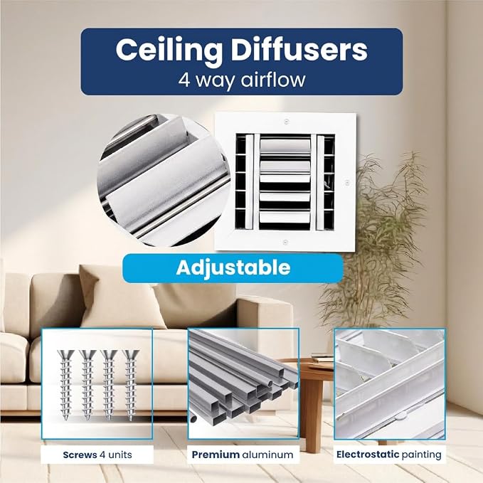 6x6 Aluminum 4-Way Air Register HVAC Vent Cover Wall Ceiling Multi-Shutter - Image 4
