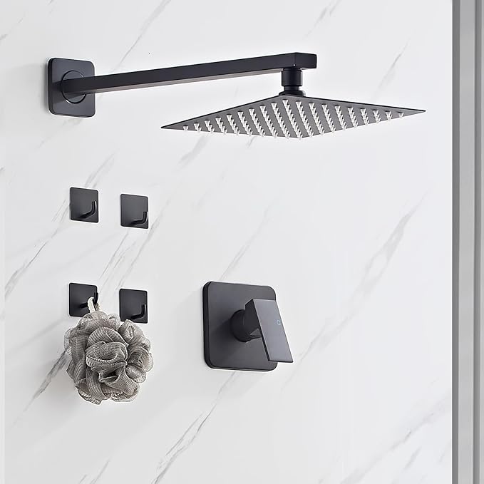 Shower Faucet Set Matte Black Complete Shower System with 8 Inches Rain Shower Head Bathroom Rain Shower Faucet Set Rainfall Shower System with Shower Valve