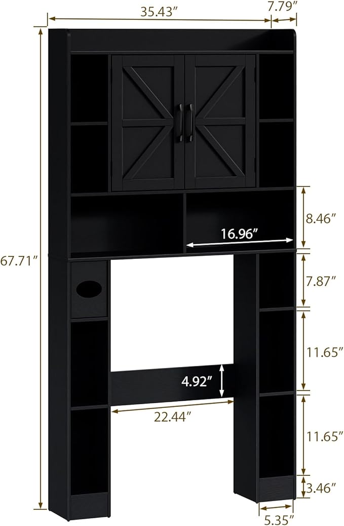 Farmhouse Storage Cabinet Over Toilet with Barn Doors，Over The Toilet Storage Cabinet, Home Space-Saving Toilet Rack, for Bathroom, Restroom, Laundry.Pure Black