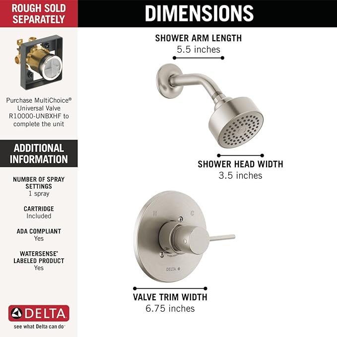 Delta Modern 14 Series Shower Faucet Set, Brushed Nickel Shower Head and Handle Set, Valve Trim Kit, Stainless T14259-SS-PP (Valve Not Included)