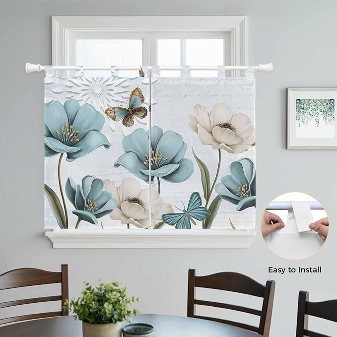 Blue Tulips Bedroom Curtains 63 Inch Length, Window Curtains Tab Top, - Image 4