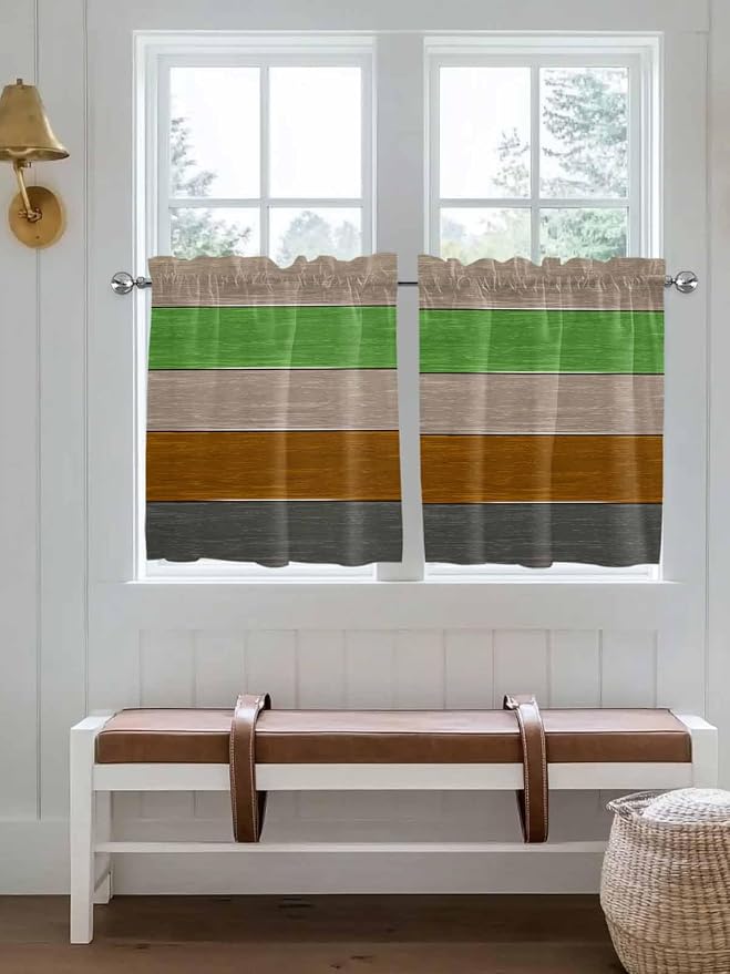 Farm Gray Green Brown Wood Grain Window Valance Curtains, Rustic Wooden Plank by IDOWMAT