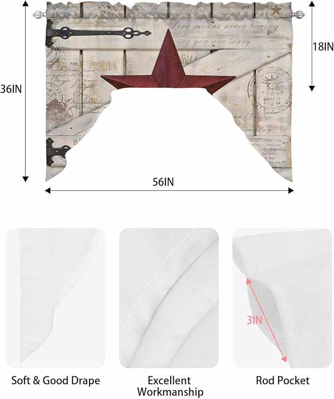 Village Stars Swag Kitchen Curtains Valance and Tier Set, Vintage Dark Red Star - Image 6