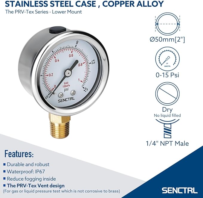 SENCTRL 0-15 Psi Low Pressure Gauge, 1/4 Npt Lower Mount, Waterproof, Stainless - Image 2