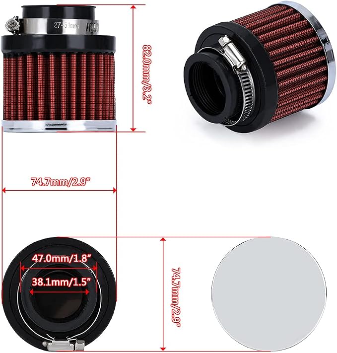 PTNHZ Universal Red Neck 1.5" 38mm Car High Flow Cold Air Intake Air Filter - Image 3