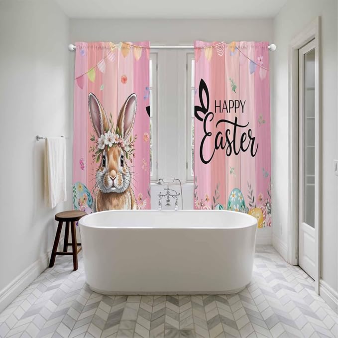 Easter Kitchen Curtains, Spring Rabbit Eggs Flowers Flags Leaves Wood Grain - Image 5