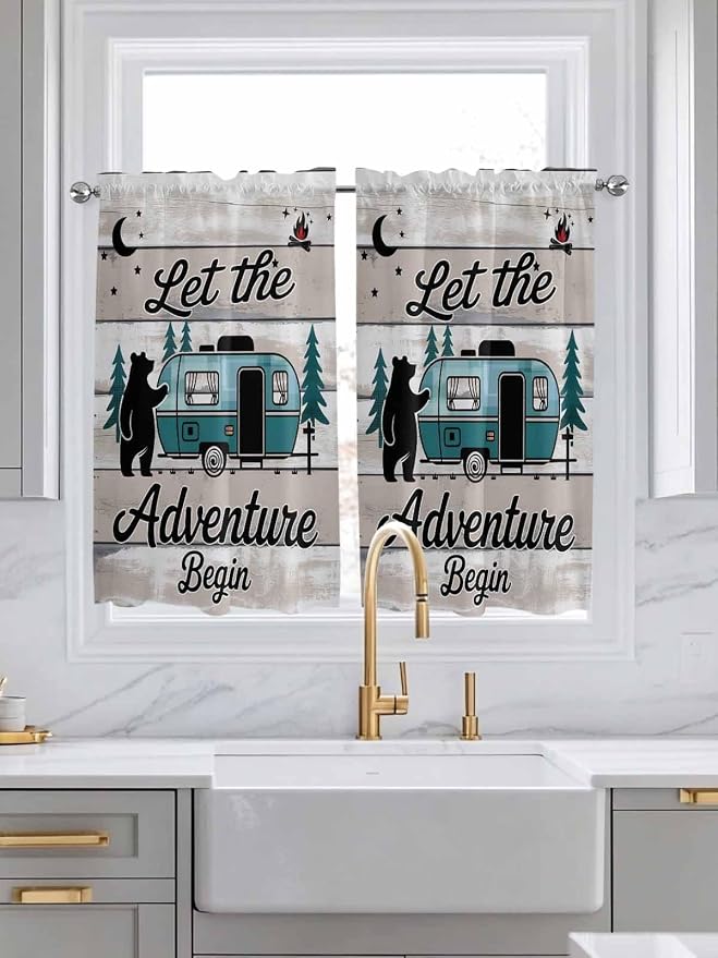 Farmhouse Bear Camper Van Tree Window Valance Curtains, Vintage Wood Grain - Image 3