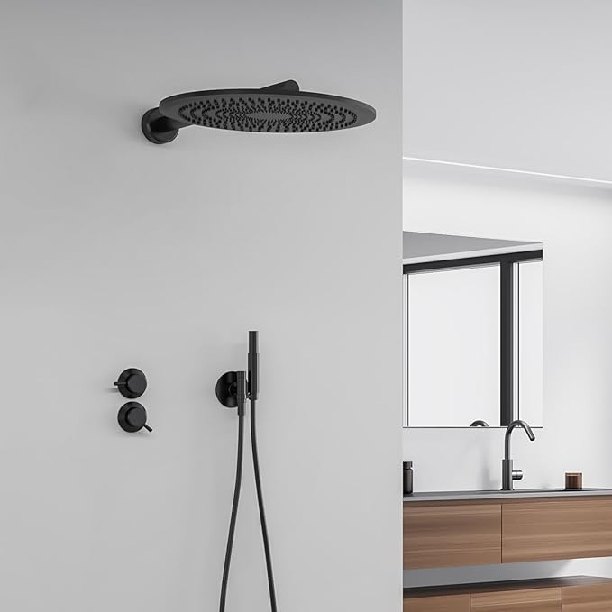 Voolan 15" Round Shower Arm with Flange and Teflon Tape, Extension Shower Head Arm for Bathroom Fixed Shower Head, Solid Stainless Steel, Wall Mounted (Matte Black)