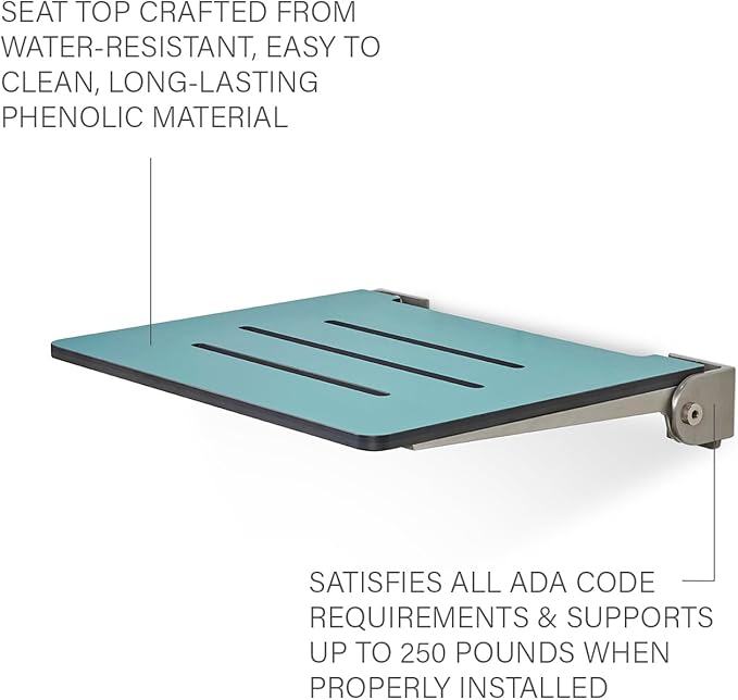 18 inch Silhouette Slimline Folding Wall Mount Shower Bench Seat, Teal Seat with Silver Frame