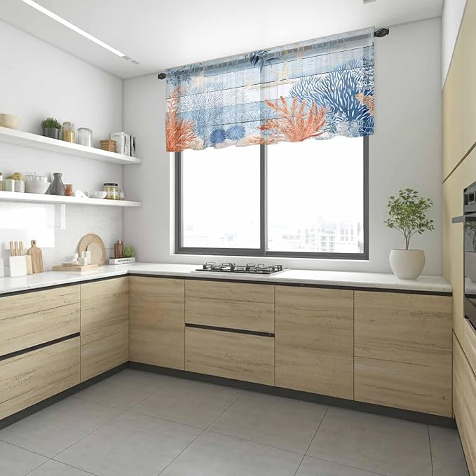 Ocean Corals Sheer Valance Curtains, Summer Beach Coral Sea Stars Blue Wood - Image 6