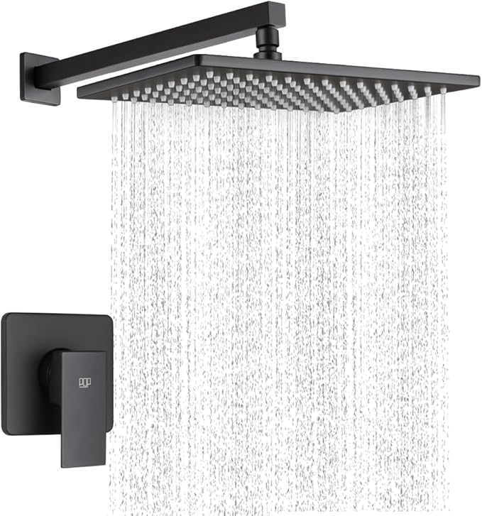 POP SANITARYWARE Matte Black Shower Faucet Set, Bathroom Rainfall Shower System with Stainless Steel Metal Showerhead, Single Function Shower Trim Kit with Rough-in Valve