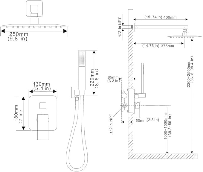 Chrome Shower System YCAIKOI Wall Mount Shower Faucet Set for Bathroom 10 Inch High Pressure Luxury Shower Head with Handheld, Rough-in Valve Body and Trim Included