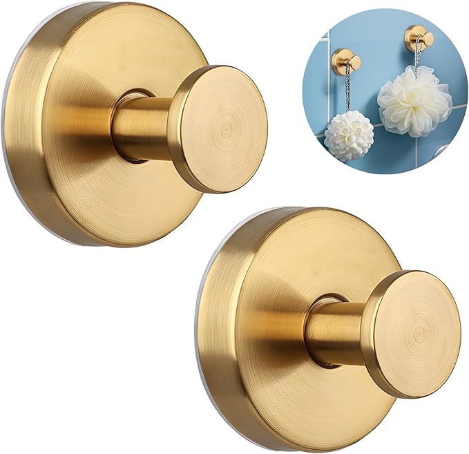 2 Pcs Suction Cup Hooks, Stainless Steel Removable Shower Towel Hook, No Drill Towel Holder for Bathroom, Kitchen Glass Door Wall for 15 Lb Heavy Duty Clothes - O Shape, Gold