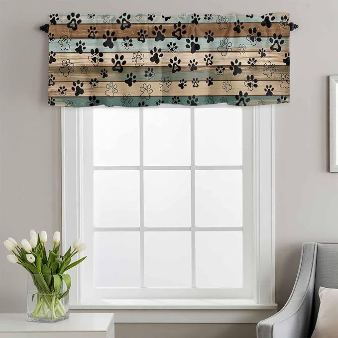 Dog Paws Valances for Windows, Teal Brown Wood Grain Kitchen Valance Light - Image 2