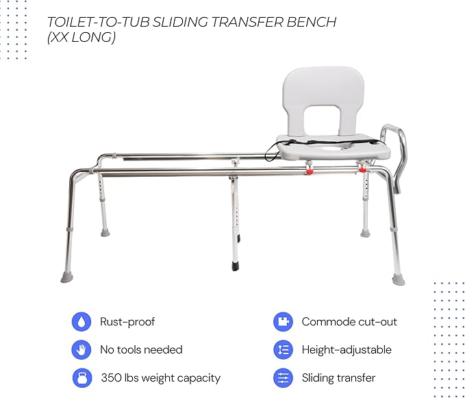 Eagle Health Supplies Toilet-to-Tub Transfer Bench with Cut Out Seat, FSA/HSA Eligible Sliding Shower Chair for Elderly and Disabled, Height Adjustable Shower Seats for Adults Inside Shower, 77993