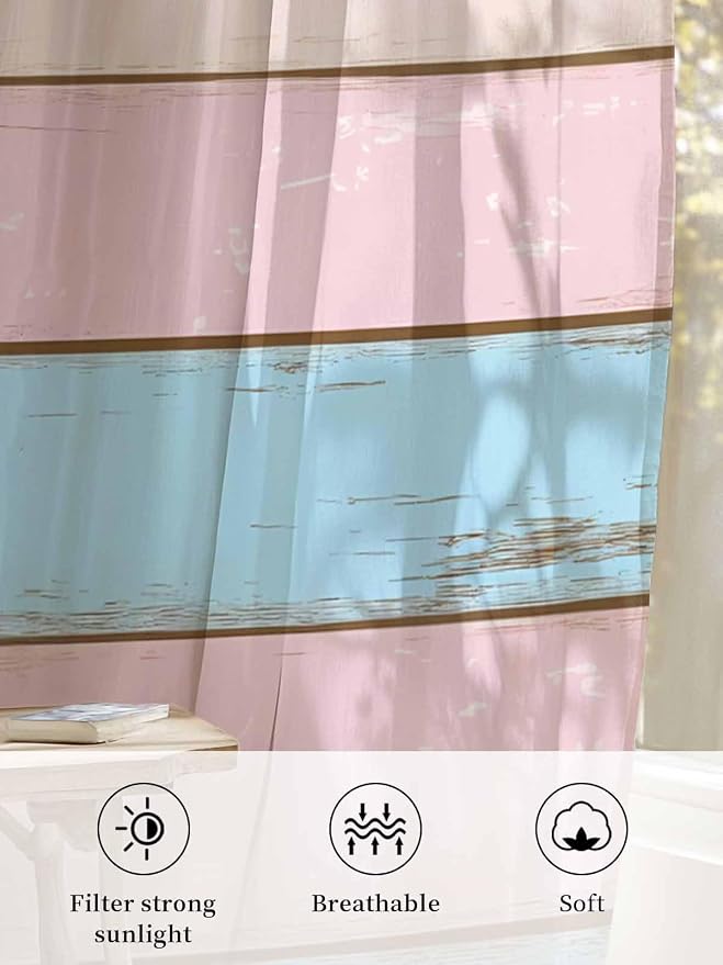 Sheer Curtains 54 Inch Length, Farmhouse Country Shabby Striped Privacy Voile - Image 6