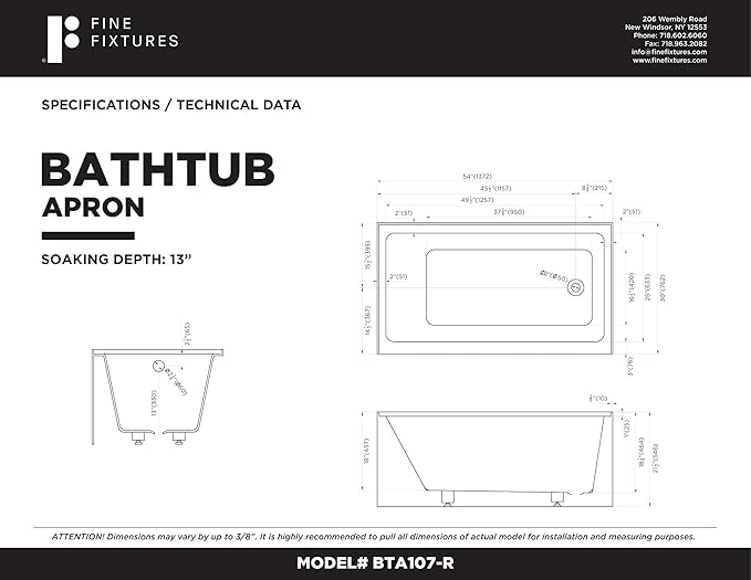 Fine Fixtures Acrylic, Fiberglass Alcove Soaking Bathtub with Integral Apron Front - Drain Included (54" x 30", Right Hand, Black)