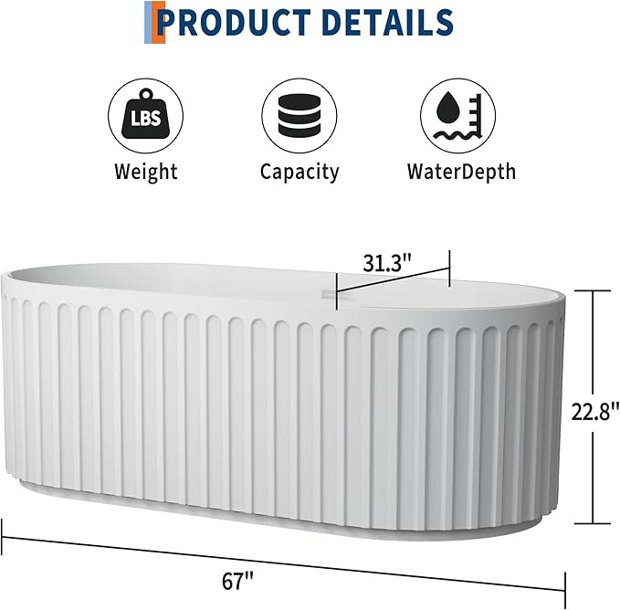67"Acrylic Freestanding Bathtub, Modern Soaking Tub with Matte Drain and Overflow, Ergonomic Deep Design, Double-Walled Insulation, CUPC Certified, Easy Clean, Slip-Resistant