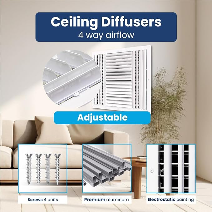 10" x 10" Duct Hole Aluminum 4-Way Vent Cover: Adjustable Curved Blade Air - Image 4
