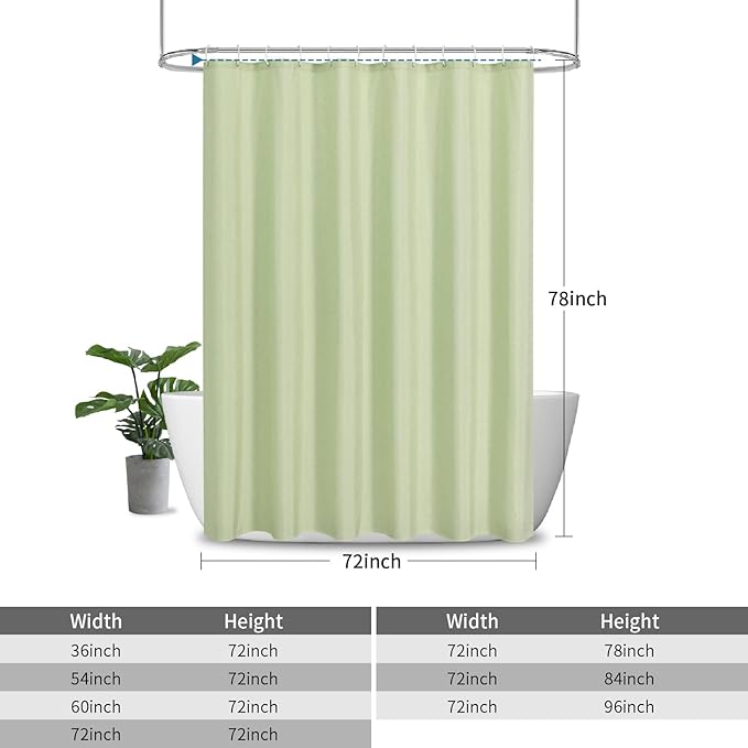 2-in-1 Waterproof Long Fabric Shower Curtain or Liner,Linen Textured,78 Inch Breathable TPU & Washable Bathroom Shower Curtain Set with 12 Plastic Hooks,Modern,72"x78",Green