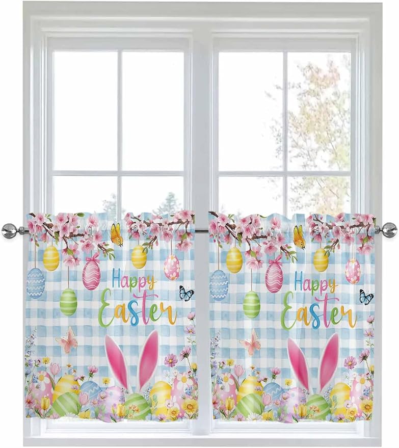 Happy Easter Half Window Curtains 24 Inches Long, Spring Watercolor Bunny Eggs by Unknown