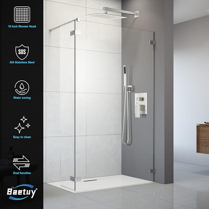 Shower Faucet Set Bathroom Square Rain Shower Head and Handle Set, Wall Mounted Shower Fixtures With Shower Valve and Trim Kit 12 inch Brushed Nickel