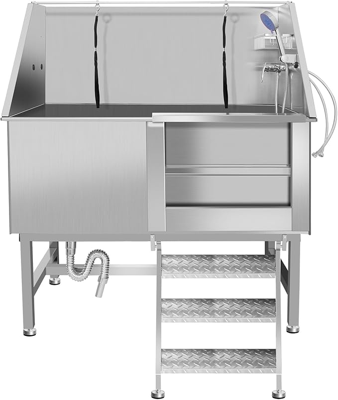 Stainless Steel Dog Cat Pet Grooming Bath Tub (w/Faucet, Sprayer, Shampoo Rack)