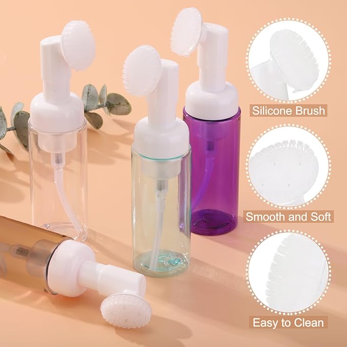 uxcell 4Pcs Empty Foaming Soap Dispenser, 2oz / 60ml Facial Cleanser Foam Bottle with Brush for Hand Soap, Shampoo, Shower Gel, Clear Black