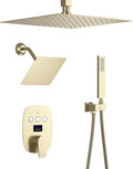 Temperature Display Brushed Gold Shower System Set, Push Button Shower Faucet with 2 Rainfall Shower Head(12+8 inch), with Handheld Shower