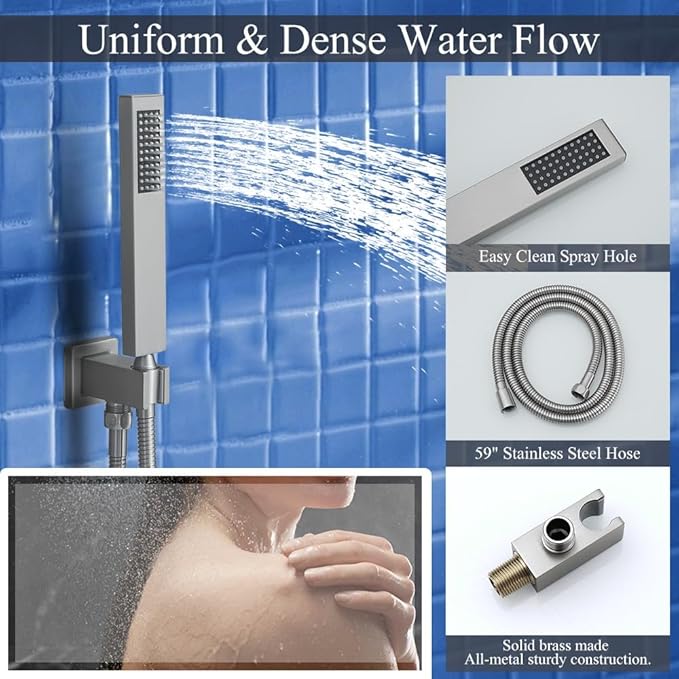 12 Inch Brushed Nickel Ceiling Mount Shower System Bathroom Luxury Rain Mixer Shower Combo Set Ceiling Rainfall Shower Head System Faucet Contain Rough-in Valve and Trim Included