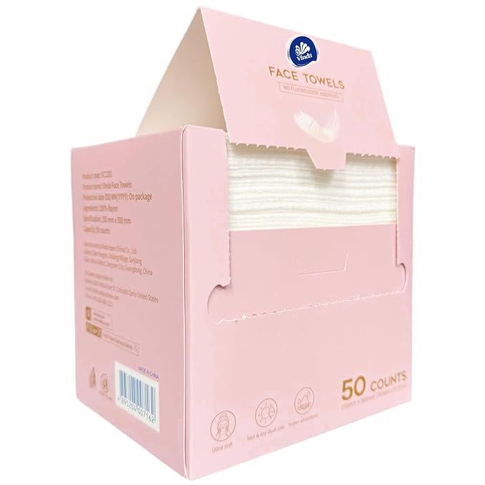 Vinda Face Towels, Disposable, XL facial towels, 50 Count - Thick 100% Rayon Fabric Dry Wipes for Sensitive Skin & Makeup Removal