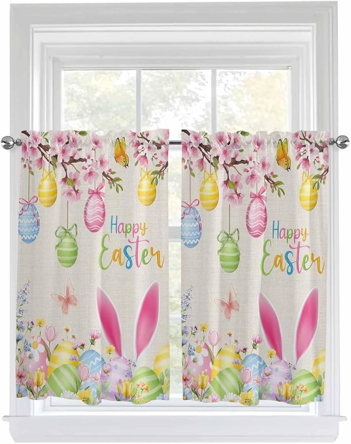 Happy Easter Kitchen Curtains 54 Inches Length, Spring Farmhouse Bunny Eggs by Unknown