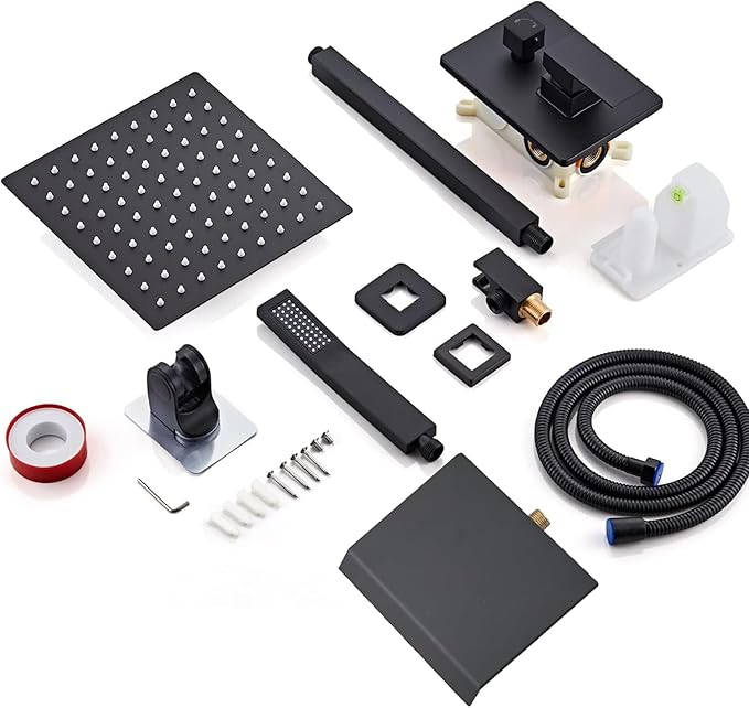 12 Inch Shower Faucet Set, Ceiling Mounted Rainfall Shower System with High Pressure Handheld Shower Head, Bathroom Mixer Shower Set Rough-in Valve and Trim Kit, Matte Black, with Tub Spout