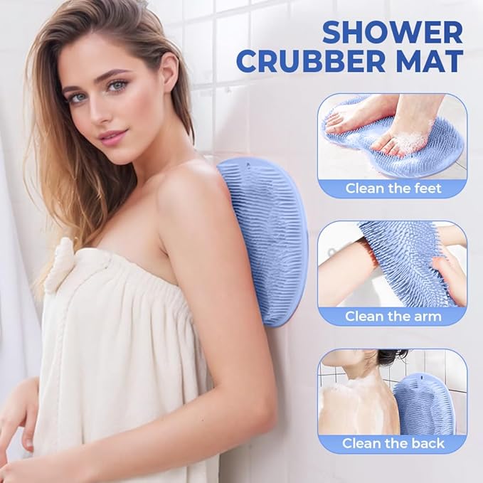 Shower Foot Scrubber Mat with Non-Slip Suction Cups, Non Slip Bathtub and Shower Mat with Suction Cups and Drain Holes, Foot Back Cleaning Pad Back Washer Exfoliating Bath Wash Pad (Green)