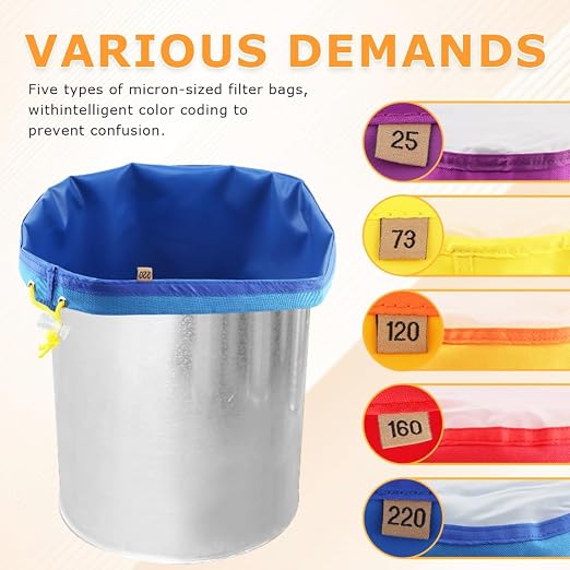 5 Pack 5 Gallon Filter Bags, 25-220 Micron Oxford Cloth All-Mesh Filter Bags - Image 6