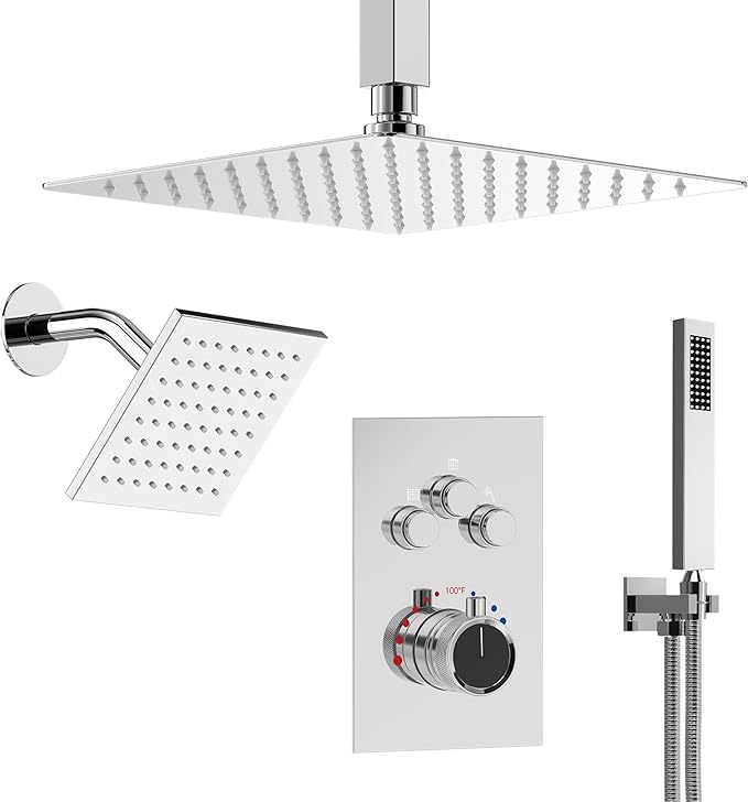 Ceiling Mount 12" High-Pressure Rainfall Shower Faucet, Dual Rainfall Shower Head System with Valve (Polished Chrome)