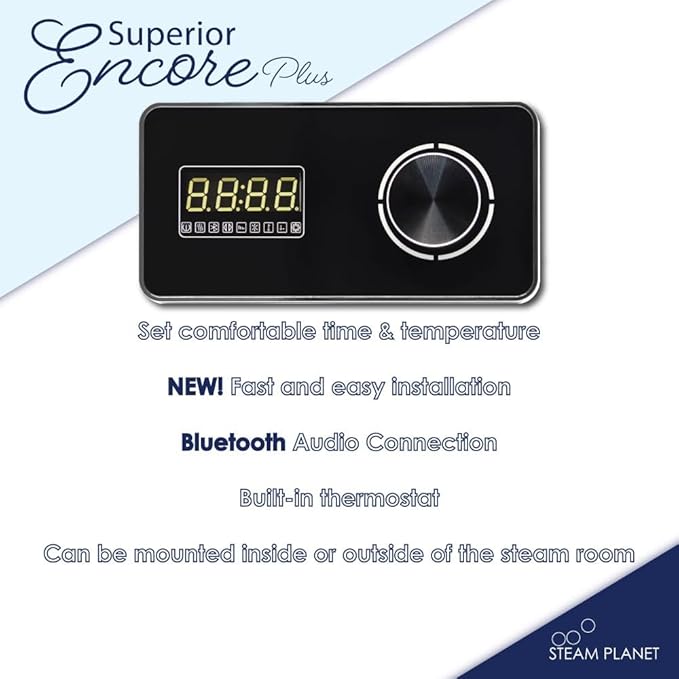 Superior Encore Plus 9 kW Steam Shower Generator Kit with Horizontal Black Keypad, Bluetooth Audio, Drip Pan & Color Lights |Self-Draining Steam Bath Generator |One-click Connection Cord|