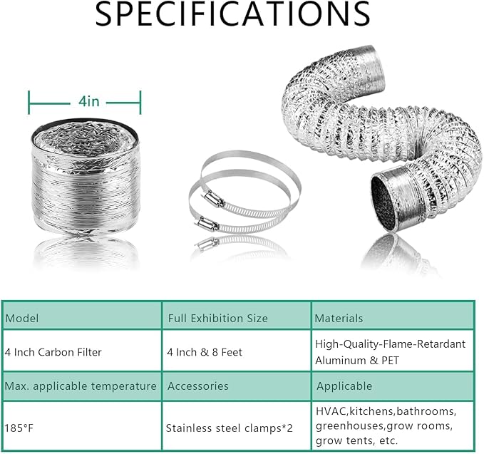 Ventilation Kit, 4 Inch Inline Fan 200 CFM Exhaust Blower, 4 Inch Carbon Fiber - Image 4
