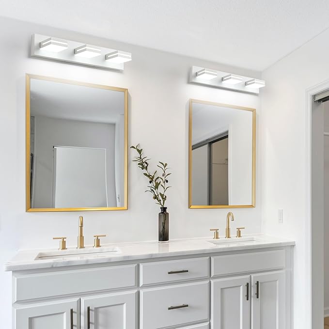 SineRise LED Modern Bathroom Vanity Light Fixtures (3-Light, 24-Inch, Dimmable), Matte White Modern Acrylic Bathroom Wall Lighting Fixtures Over Mirror (Cool White 6000K)
