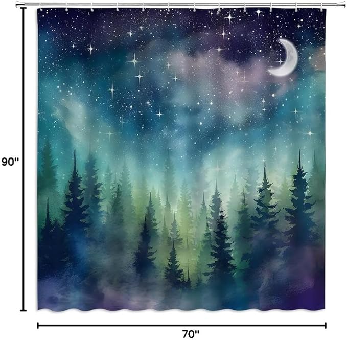 Forest Moon Shower Curtain Watercolor Misty Forest Fantasy Starry Sky Galaxy Nature Gothic Scenery Abstract Outdoor Bathroom Decor Curtains with Hooks, Purple