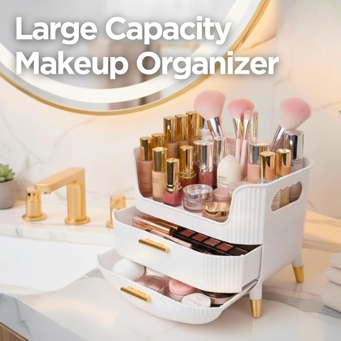 Makeup Organizer with Drawers, Skincare Storage Box for Vanity, Multiple Compartments, Portable Cosmetic Display Case with Handle, Large Make up Organizers for Dresser, Bathroom, Bedroom, Pink