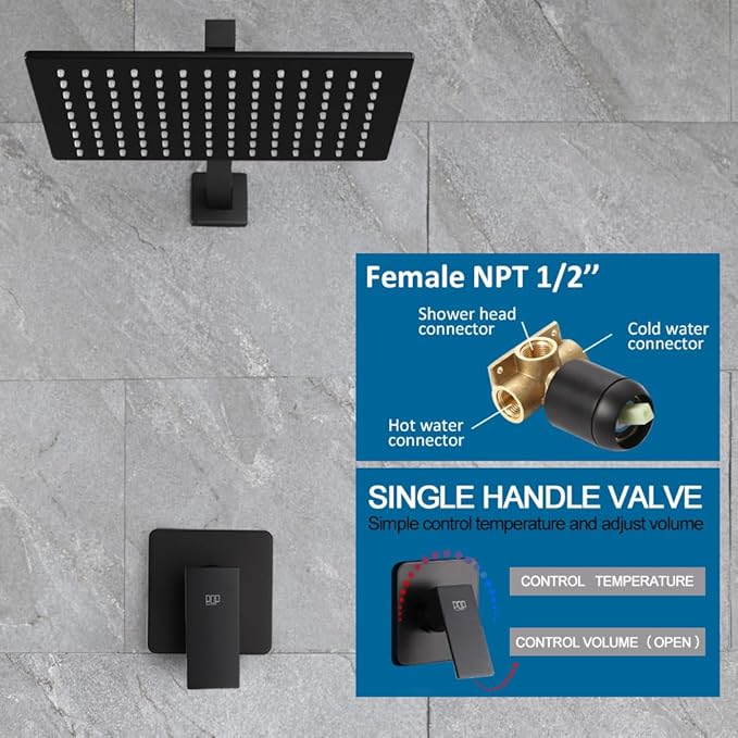 POP SANITARYWARE Matte Black Shower Faucet Set, Bathroom Rainfall Shower System with Stainless Steel Metal Showerhead, Single Function Shower Trim Kit with Rough-in Valve