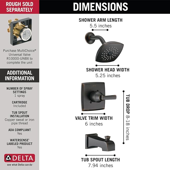 Delta Faucet Ashlyn 14 Series Single-Handle Tub and Shower Trim Kit, Shower Faucet with Single-Spray Touch-Clean Shower Head, Venetian Bronze T14464-RB (Valve Not Included)