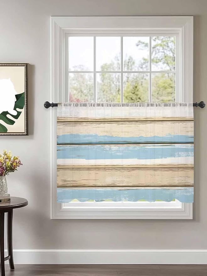Sheer Curtains 45 Inch Length, Vintage Geometric Blue Semi Sheer Curtains Light - Image 2