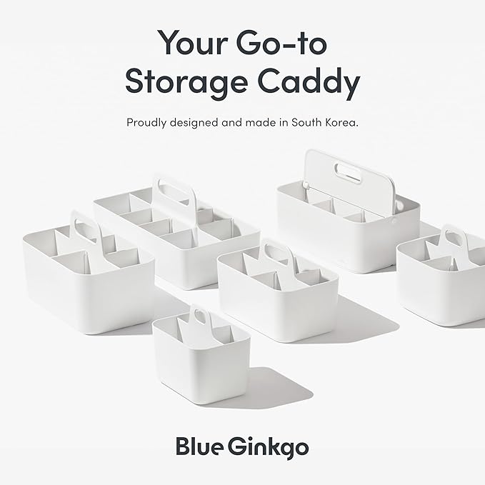 BLUE GINKGO Small Stackable Organizer Caddy – Korean-Made Portable Tote for Bathroom, Office, Crafts, or School Supplies (Square, White)